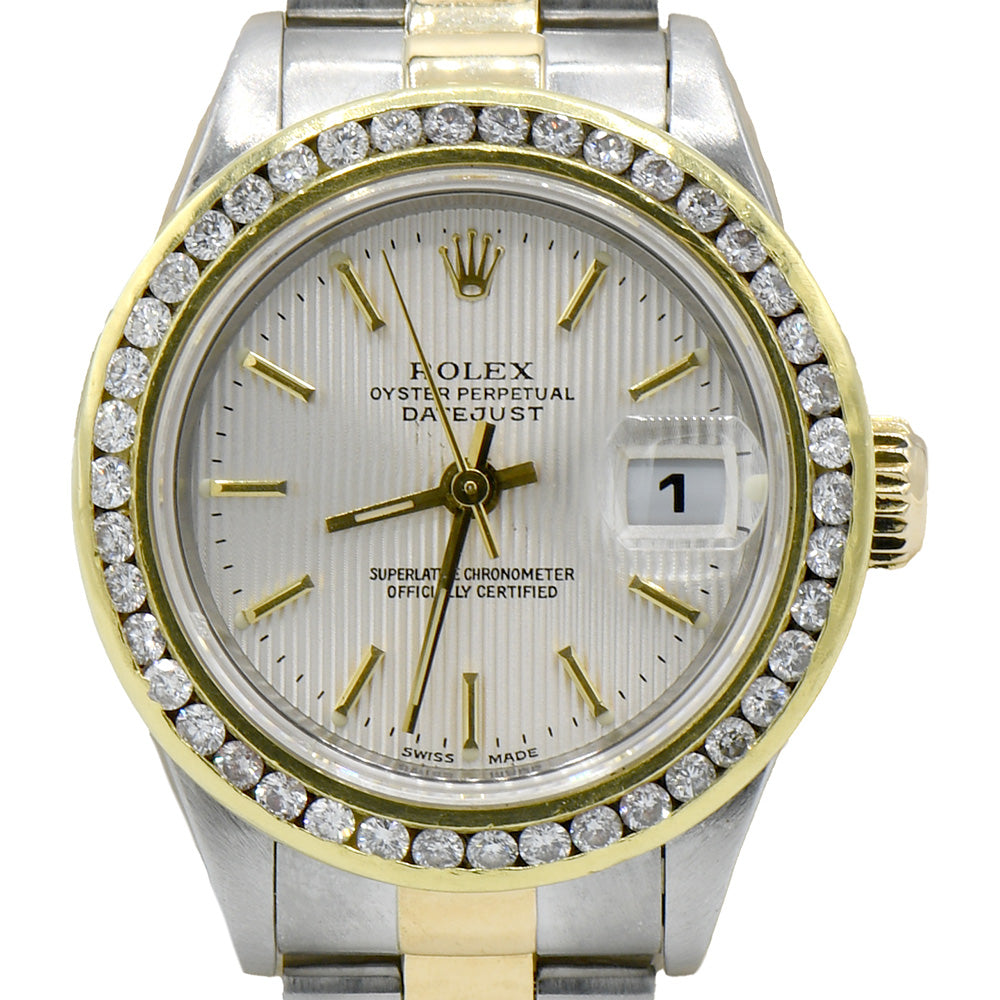 Ladies Rolex Datejust R79163 26mm Luxury Watch with Diamond Bezel and Silver Tapestry Dial in 14k Yellow Gold and Stainless Steel