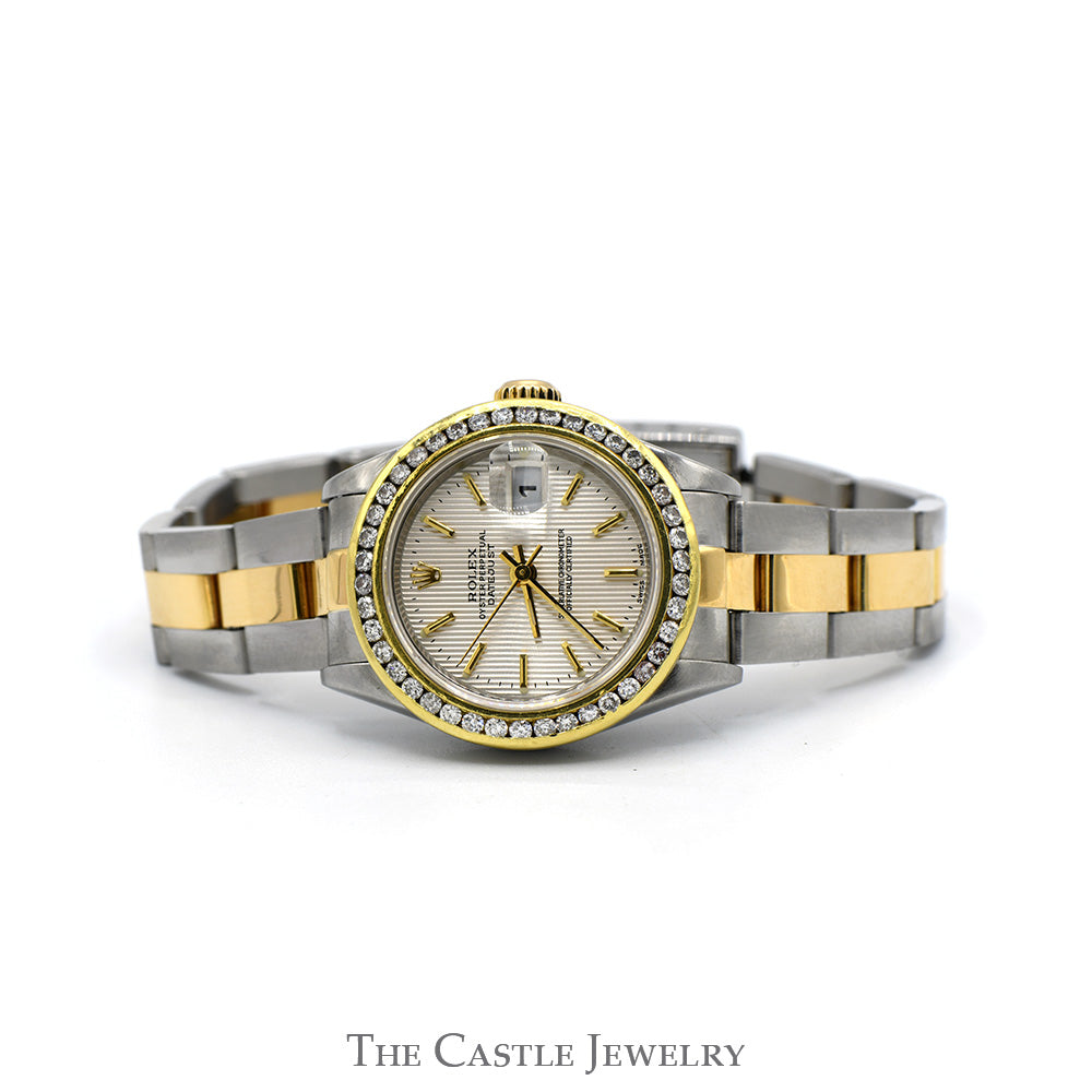 Ladies Rolex Datejust R79163 26mm Luxury Watch with Diamond Bezel and Silver Tapestry Dial in 14k Yellow Gold and Stainless Steel