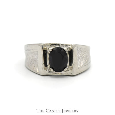 Oval Black Onyx Ring with Concaved Brush Textured Sides in 10k White Gold