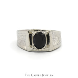 Oval Black Onyx Ring with Concaved Brush Textured Sides in 10k White Gold