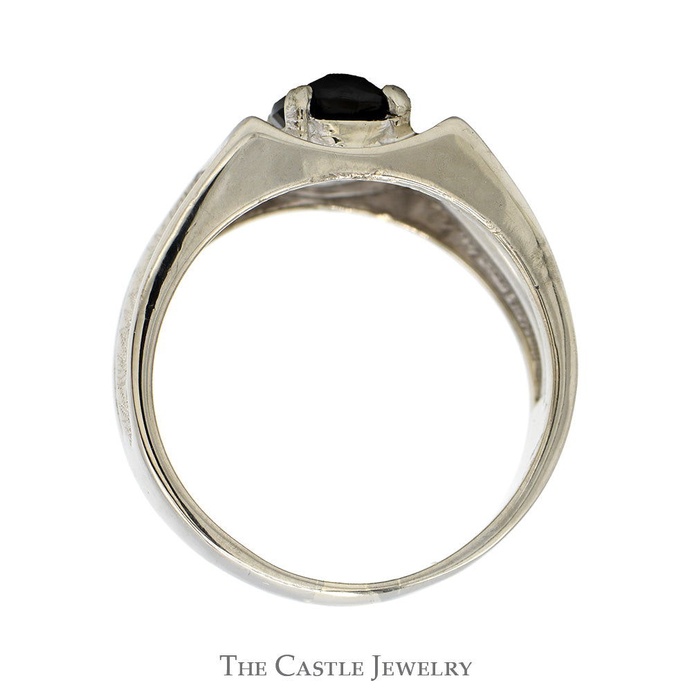 Oval Black Onyx Ring with Concaved Brush Textured Sides in 10k White Gold