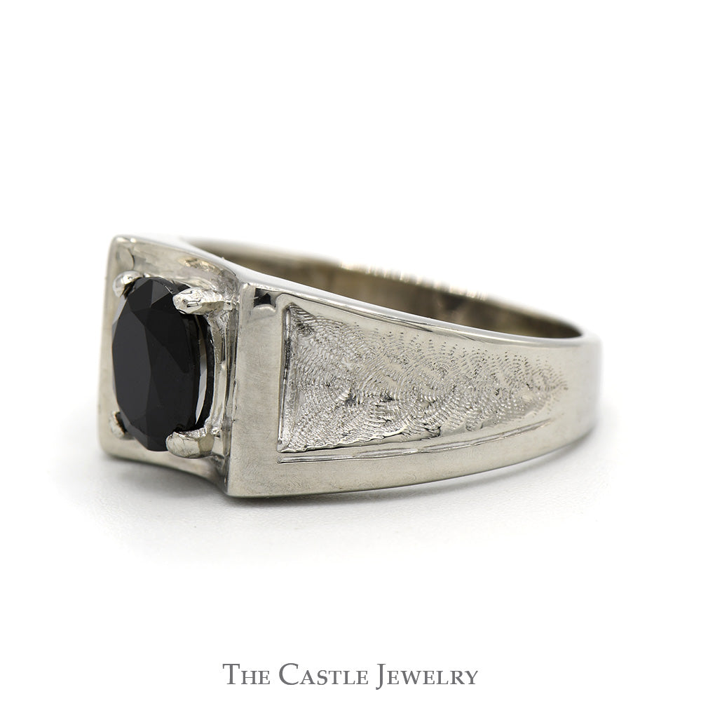 Oval Black Onyx Ring with Concaved Brush Textured Sides in 10k White Gold