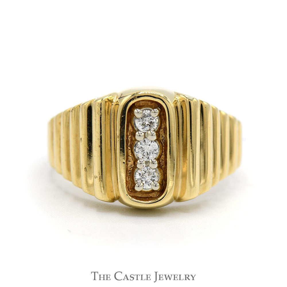 Vertically Triple Diamond Ring with Ridged Sides in 10k Yellow Gold