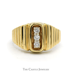 Vertically Triple Diamond Ring with Ridged Sides in 10k Yellow Gold