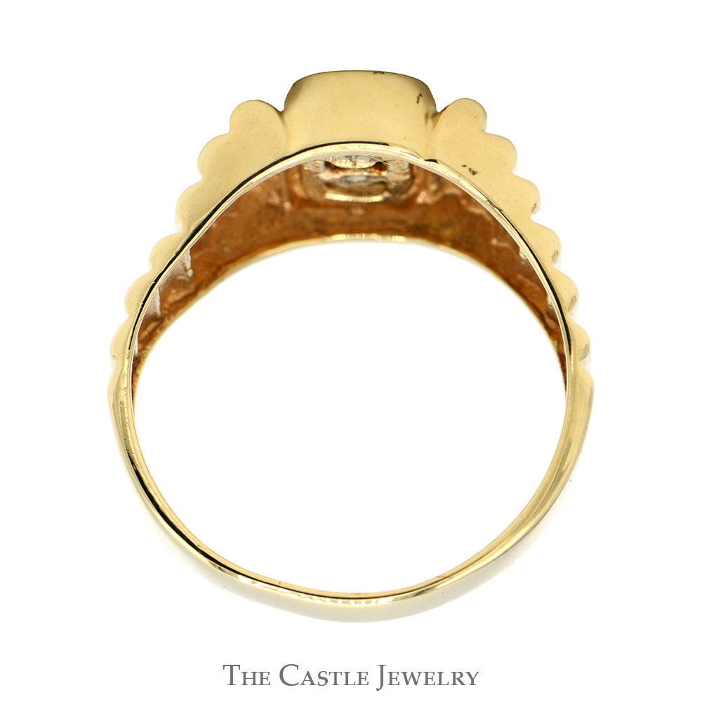 Vertically Triple Diamond Ring with Ridged Sides in 10k Yellow Gold