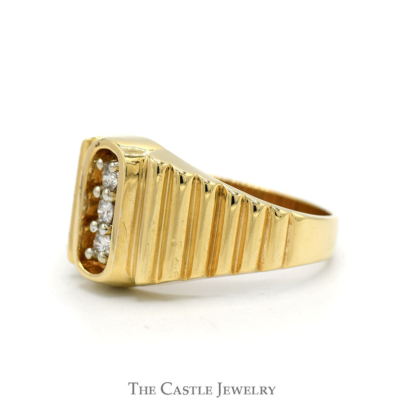 Vertically Triple Diamond Ring with Ridged Sides in 10k Yellow Gold