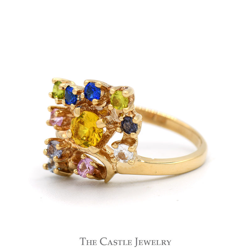 Open Freeform Multi Synthetic Gemstone Cluster Ring in 14k Yellow Gold