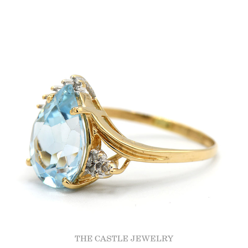 14K Yellow Gold Pear Blue Topaz Ring with Diamond Accents