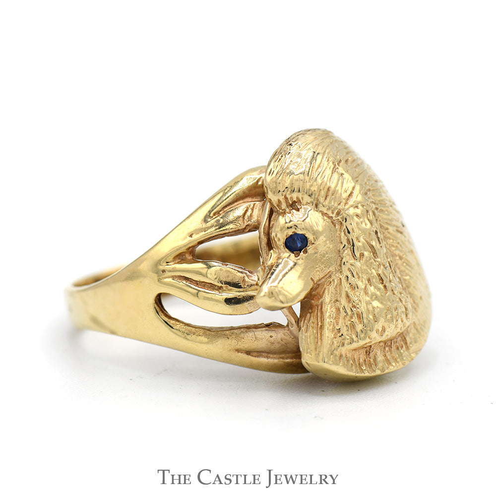Detailed Poodle Head Ring with Sapphire Eyes in 10k Yellow Gold