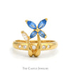 Marquise Cut Blue Topaz Flower Ring with Cubic Zirconia Accents in 18k Yellow Gold - Thumbnail 1