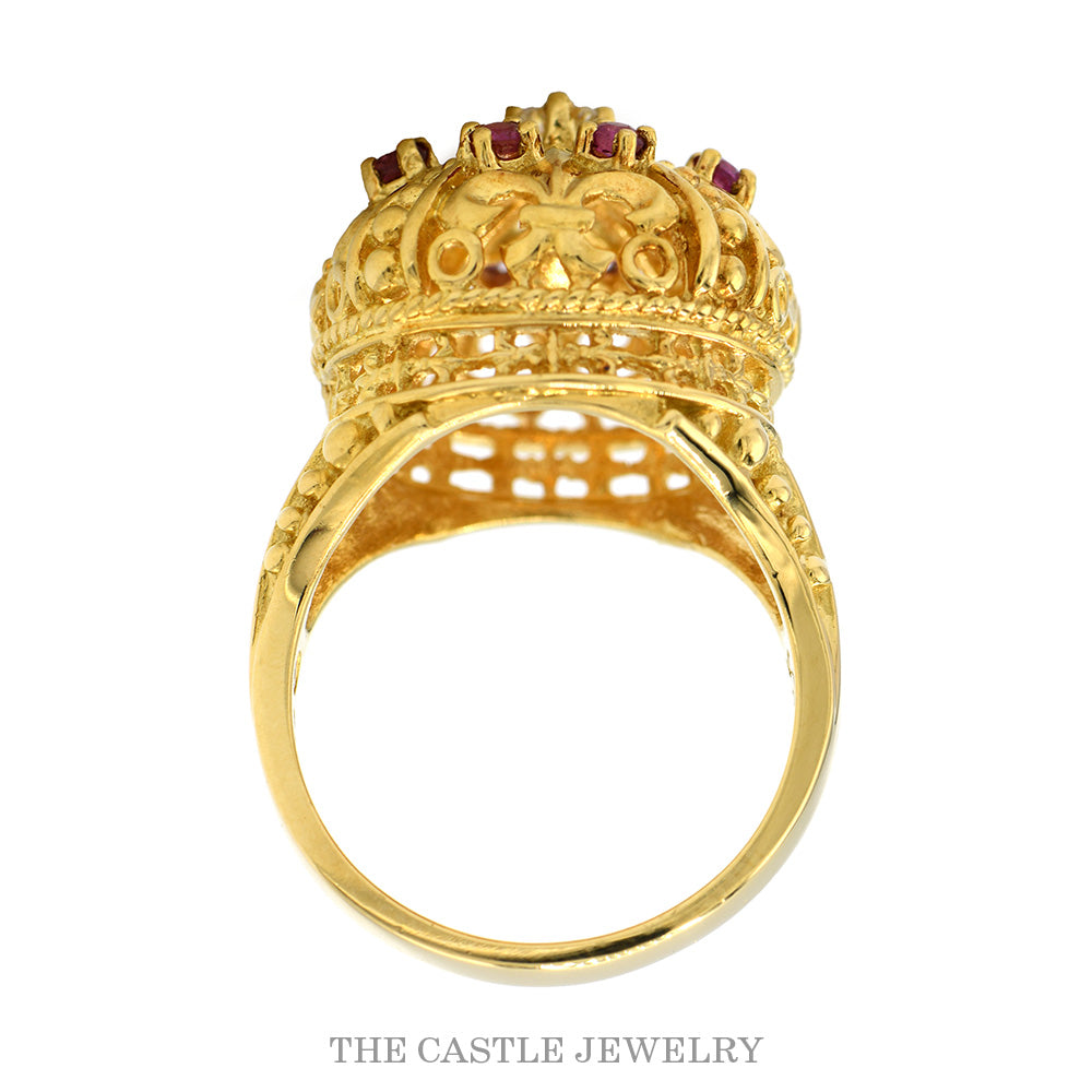18K Yellow Gold Ruby Cluster Royal Crown Designed Dome Ring with Diamond Center