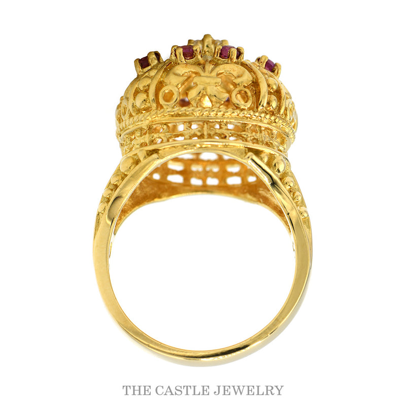 18K Yellow Gold Ruby Cluster Royal Crown Designed Dome Ring with Diamond Center