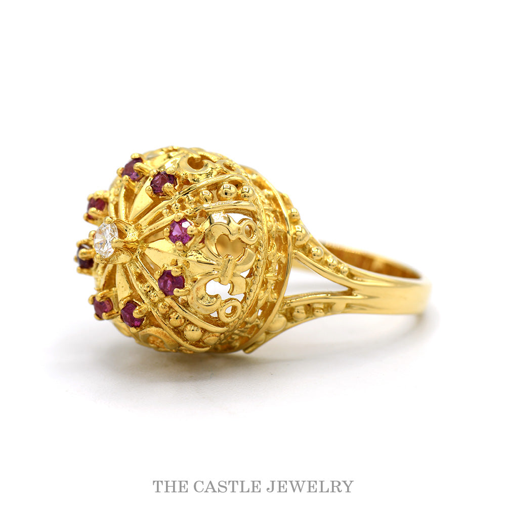 18K Yellow Gold Ruby Cluster Royal Crown Designed Dome Ring with Diamond Center