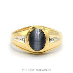 10K Yellow Gold Black Cat’s Eye Men’s Ring with Diamond Accents
