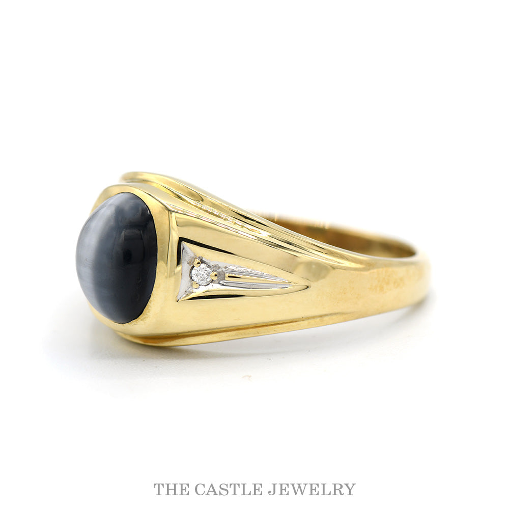 10K Yellow Gold Black Cat’s Eye Men’s Ring with Diamond Accents