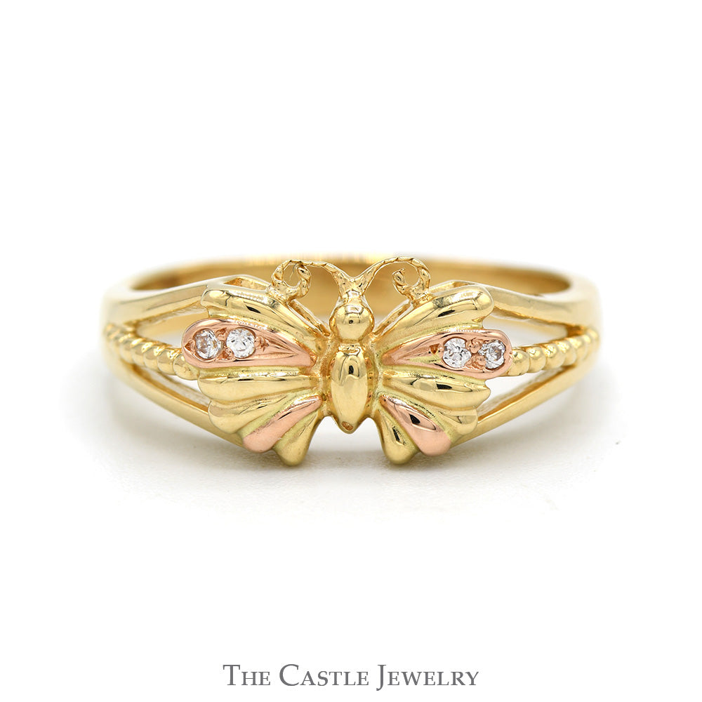 Butterfly Designed Two Tone Ring with Diamond Accents in 14k Yellow & Rose Gold Split Shank Setting