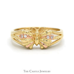 Butterfly Designed Two Tone Ring with Diamond Accents in 14k Yellow & Rose Gold Split Shank Setting