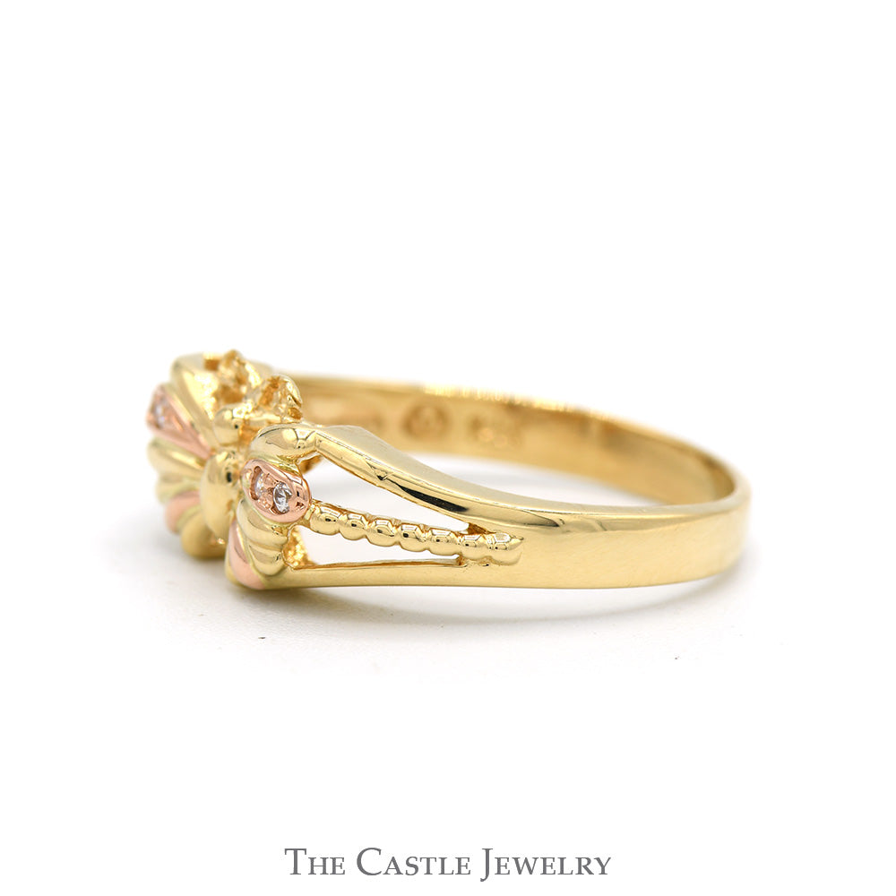 Butterfly Designed Two Tone Ring with Diamond Accents in 14k Yellow & Rose Gold Split Shank Setting
