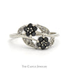 Double Black Diamond Flower Cluster Ring with White Diamond Accented Leaves in 10k White Gold - Thumbnail 1