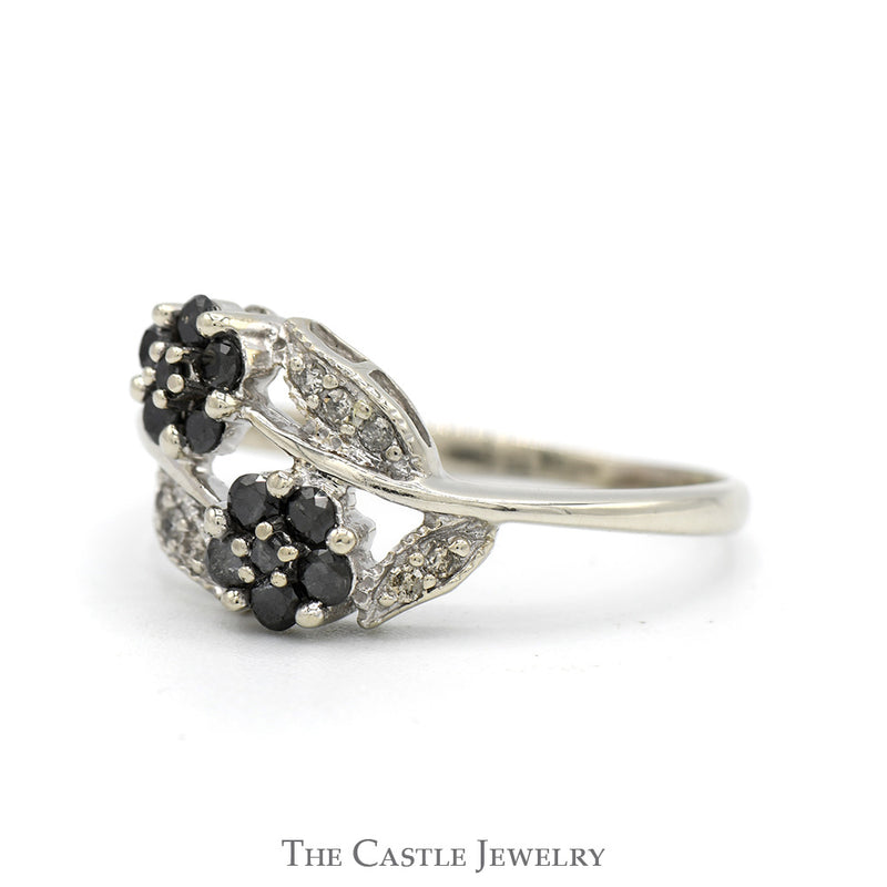 Double Black Diamond Flower Cluster Ring with White Diamond Accented Leaves in 10k White Gold