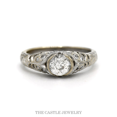 1cttw Antique Style Old Mine Cut Diamond Ring with Diamond Accented Open Sides in 18k White Gold