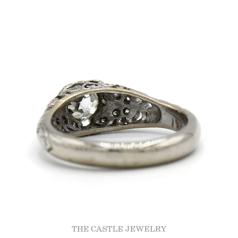 1cttw Antique Style Old Mine Cut Diamond Ring with Diamond Accented Open Sides in 18k White Gold