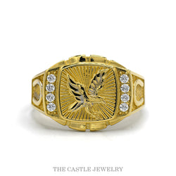 Men's Eagle Ring with Cubic Zirconia Accents & Horseshoe Sides in 14k Yellow Gold