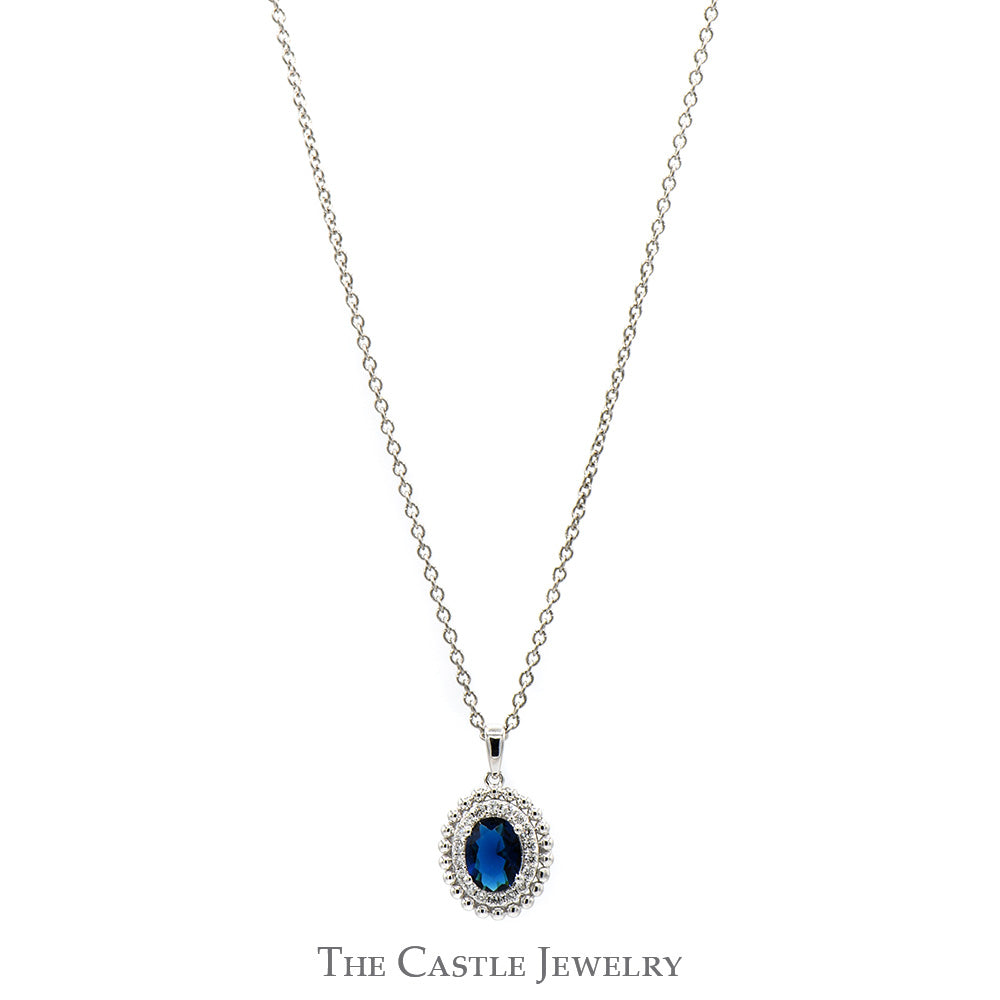 18 Inch Lab Grown Oval Sapphire Necklace with Lab Grown Diamond Halo in Sterling Silver