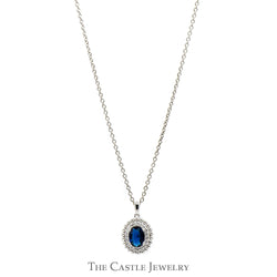 18 Inch Lab Grown Oval Sapphire Necklace with Lab Grown Diamond Halo in Sterling Silver