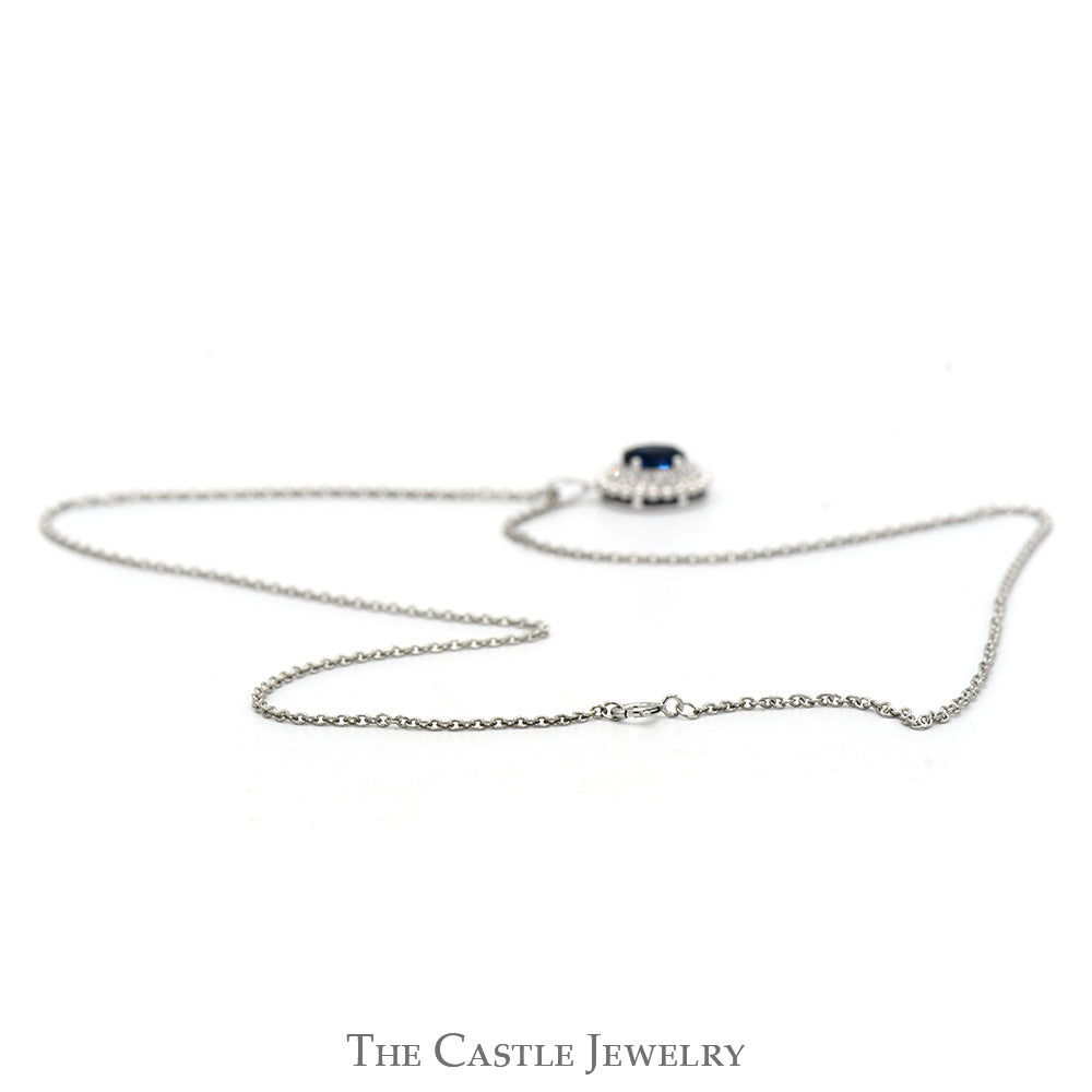 18 Inch Lab Grown Oval Sapphire Necklace with Lab Grown Diamond Halo in Sterling Silver