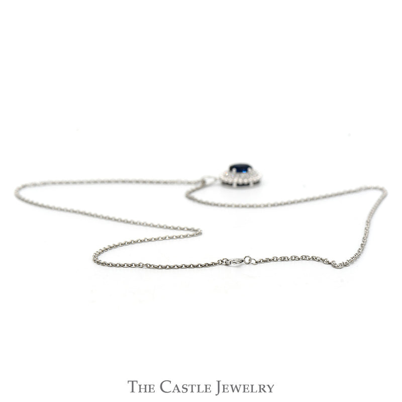 18 Inch Lab Grown Oval Sapphire Necklace with Lab Grown Diamond Halo in Sterling Silver