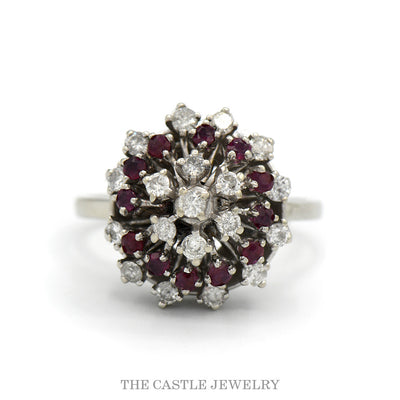 Domed starburst cluster ring with 12 rubies and 19 round diamonds, 1/2cttw, in 14k white gold — top view