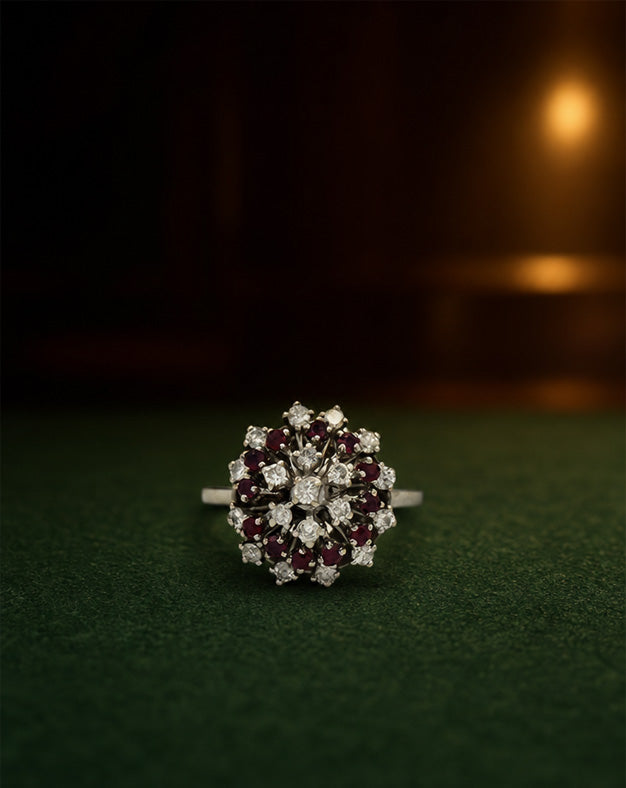 Domed Starburst Cluster Ring with 12 Rubies and 19 Round Diamonds, 1/2cttw, in 14k White Gold