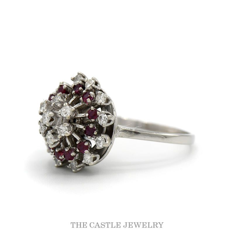 Side profile of the ruby and diamond starburst cluster showing the three tiers of prong stems