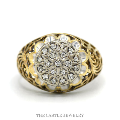10K Yellow Gold 19 Diamond Kentucky Cluster Ring with Vintage Filigree Sides
