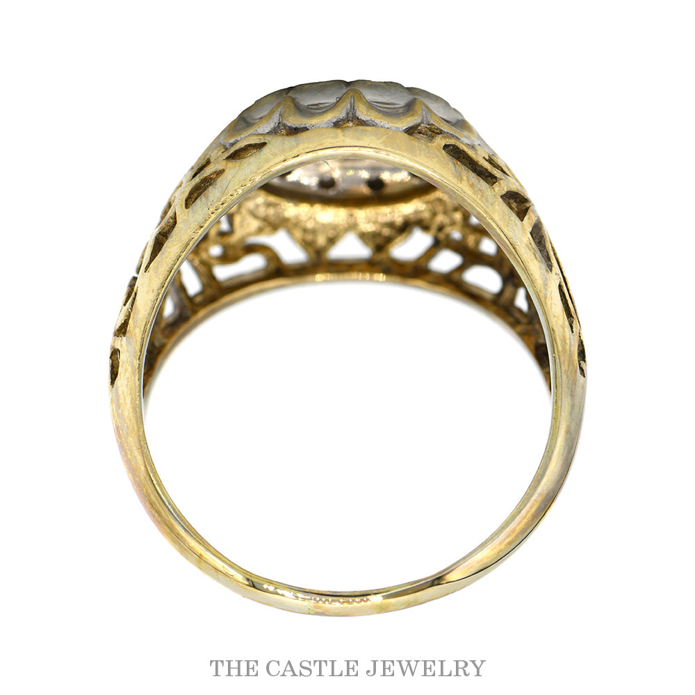10K Yellow Gold 19 Diamond Kentucky Cluster Ring with Vintage Filigree Sides