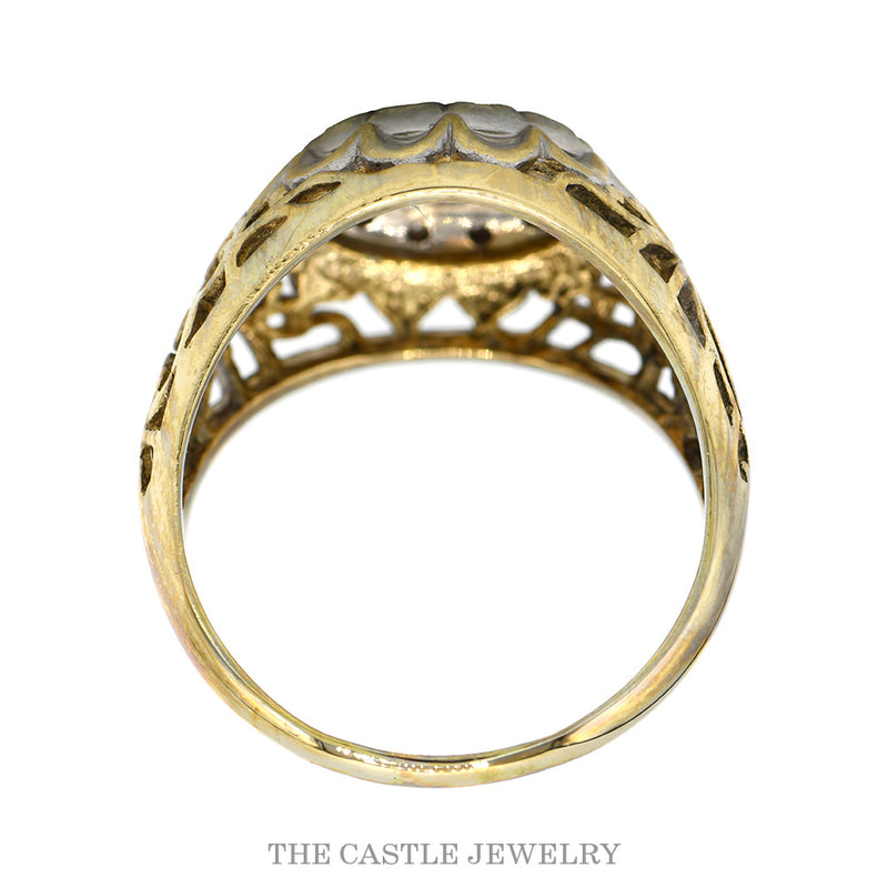 10K Yellow Gold 19 Diamond Kentucky Cluster Ring with Vintage Filigree Sides