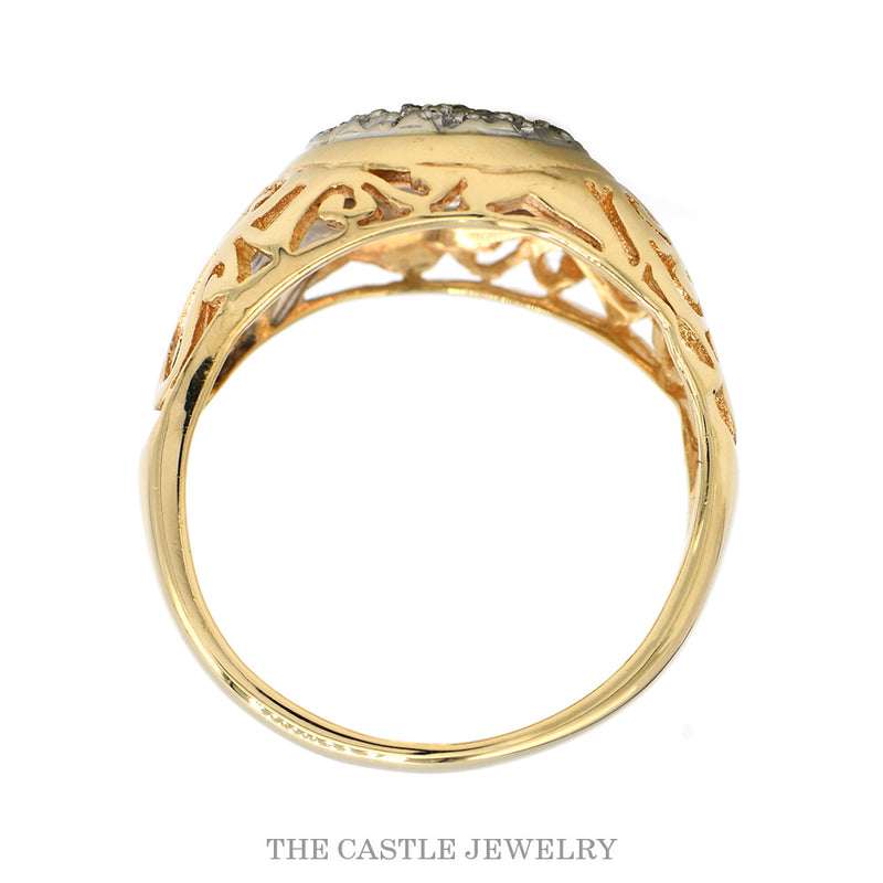 Round 19 Diamond Kentucky Cluster Ring with Open Filigree Sides in 14k Yellow Gold