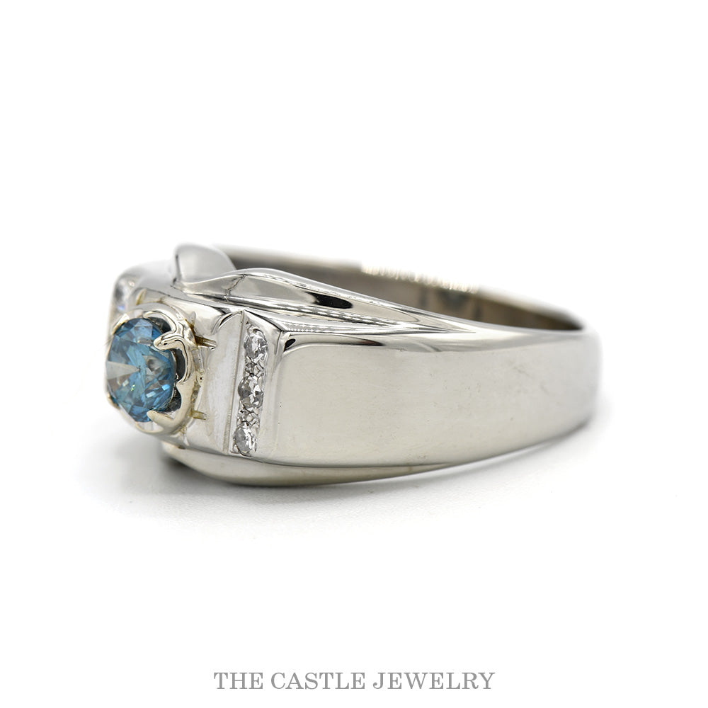 Men's 14K White Gold Blue Diamond Ring .60ct Center, Side Diamonds