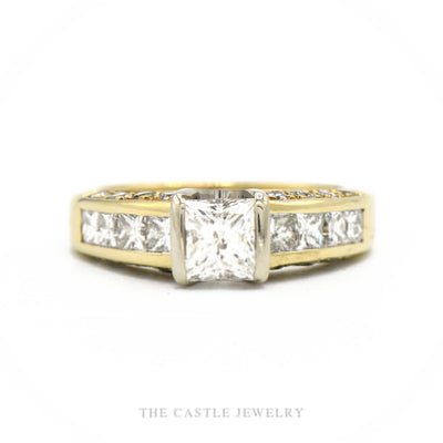 14k two-tone gold princess-cut diamond engagement ring with ~1ct center and channel-set princess shoulders — top view