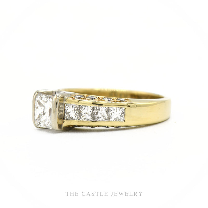 Side profile of the 14k two-tone princess-cut diamond engagement ring showing head height and channel depth