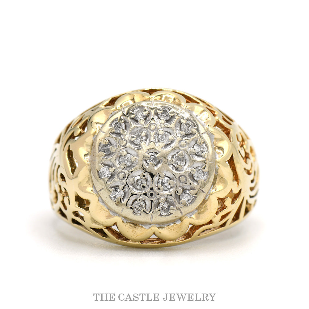 Round 19 Diamond Kentucky Cluster Ring with Open Filigree Sides in 10k Yellow Gold