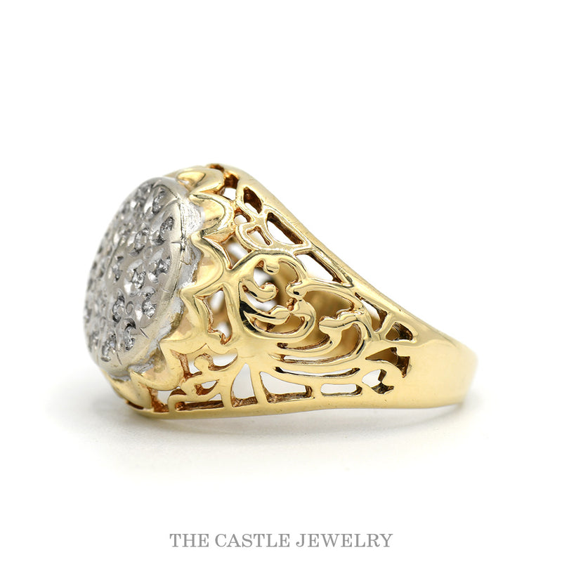 Round 19 Diamond Kentucky Cluster Ring with Open Filigree Sides in 10k Yellow Gold