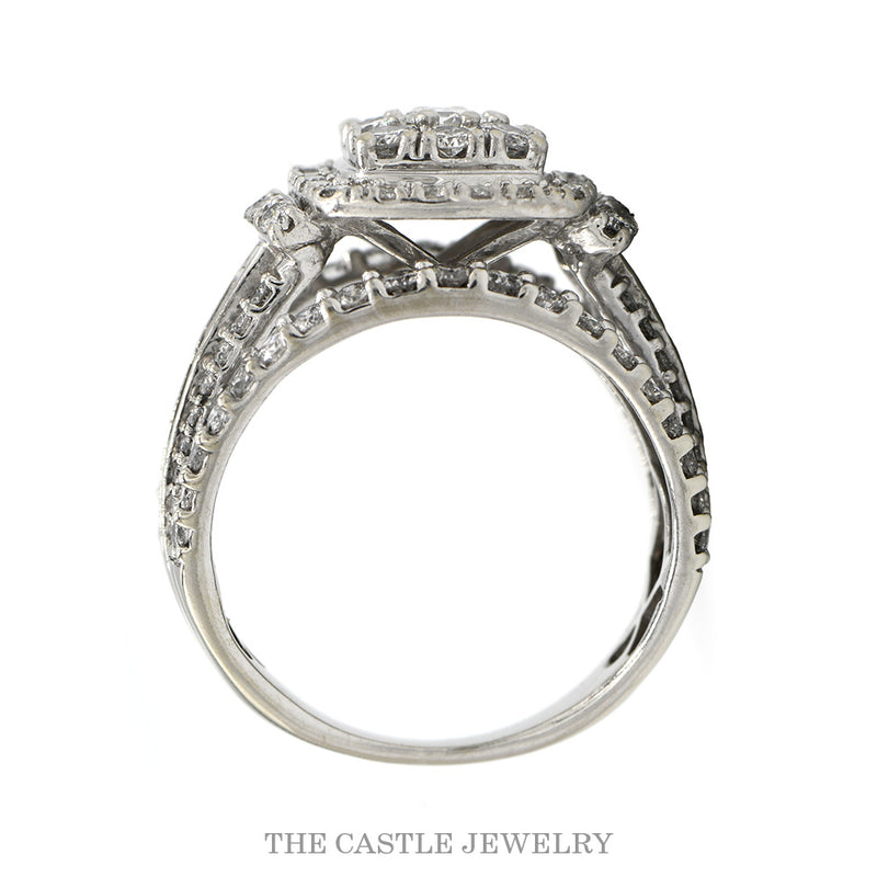 2cttw Round Diamond Cluster Bridal Ring with Diamond Halo and Heavily Accented Sides in 10k White Gold