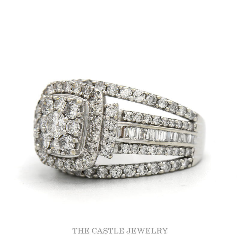 2cttw Round Diamond Cluster Bridal Ring with Diamond Halo and Heavily Accented Sides in 10k White Gold