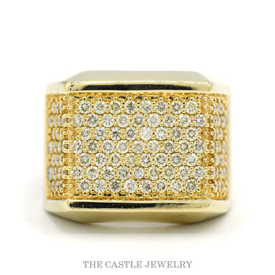 10k yellow gold men's ring with 2.12ctw of round brilliant pavé diamonds across a wide rectangular face — top view