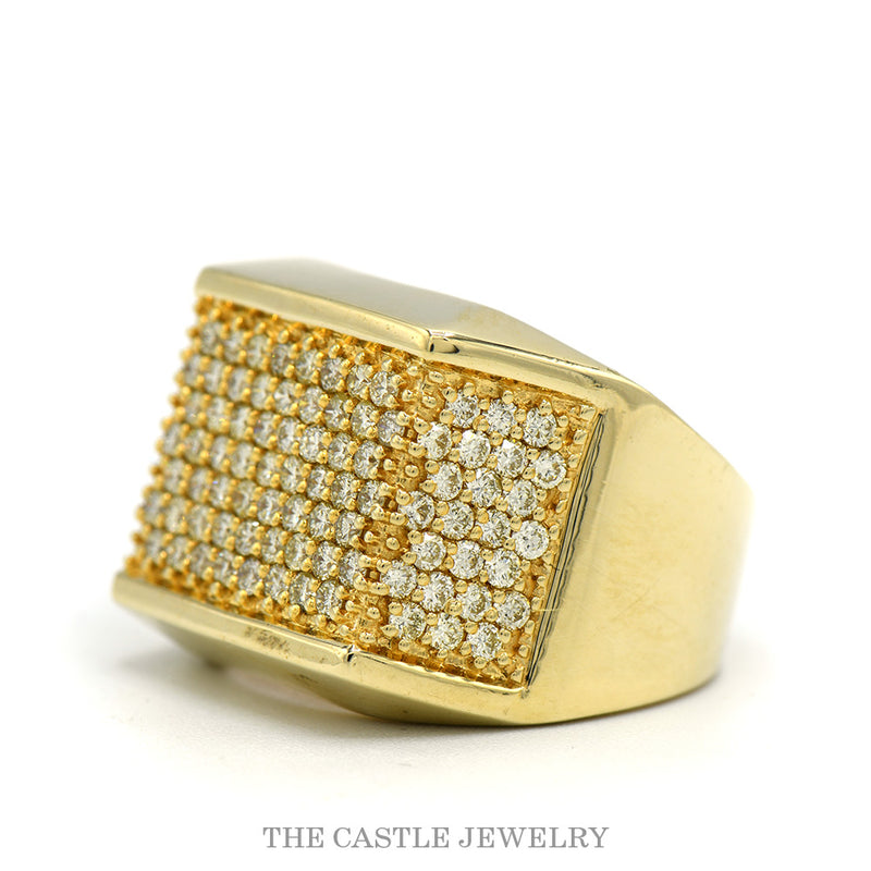 Side profile of the 10k yellow gold diamond cluster ring showing the stepped shoulder construction and bezel depth