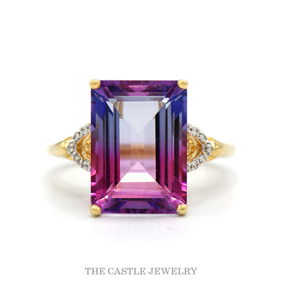 14k yellow gold emerald-cut synthetic alexandrite ring with diamond shoulders — top view