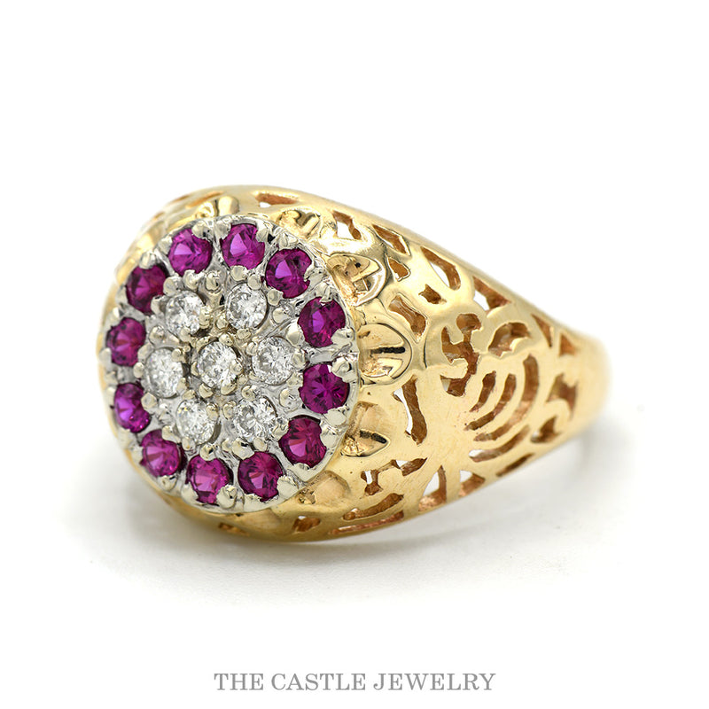 Ruby & Diamond Kentucky Cluster Ring with Open Filigree Sides in 10k Yellow Gold