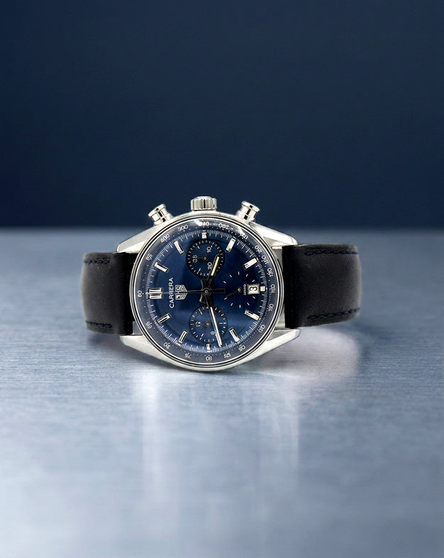 TAG Heuer Carrera Chronograph with Blue Dial on Blue Leather Strap in Stainless Steel